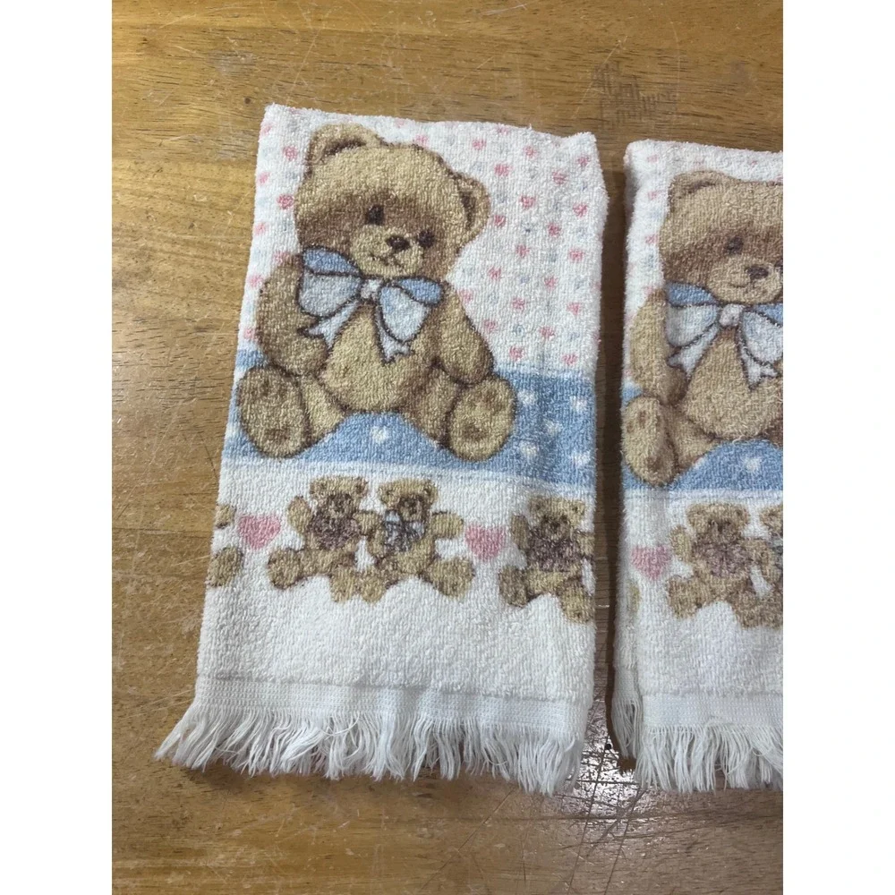 Vtg Cannon Teddy Bear Hand Towels Set of 3 Blue Pink Hearts Fringe Made in USA